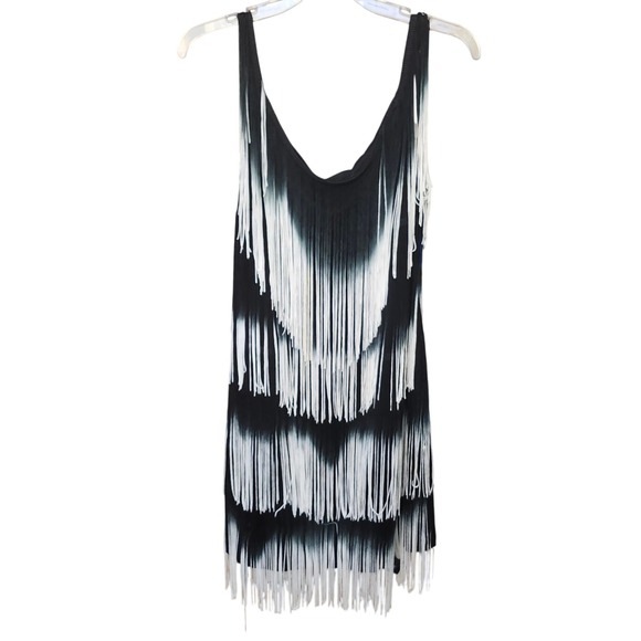 Boston Proper Womens Ombre Fringe Tiered Mini Dress Black White Sz 16 Boho Swing - Picture 2 of 10